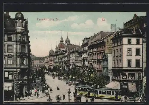 AK Frankfurt a. Main, Strasse Zeil mit Gasthaus Zum Haferkasten, Geschäften und Strassenbahn