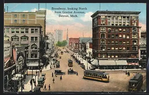 AK Detroit, Mich., Broadway looking North from Gratiot Avenue, Strassenbahn