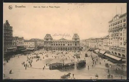 AK Bruxelles, Gare du Nord et Place Rogier, Strassenbahnen