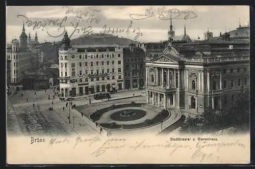 AK Brünn / Brno, Stadttheater und Bienenhaus mit Strassenbahn