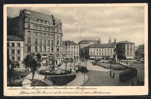 AK Lwow, Place de St. Marie et le monument de Mickiewicz, Strassenbahn