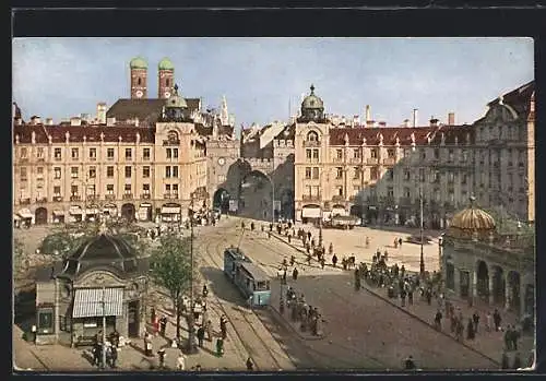 AK München, Am Stachus mit Strassenbahn