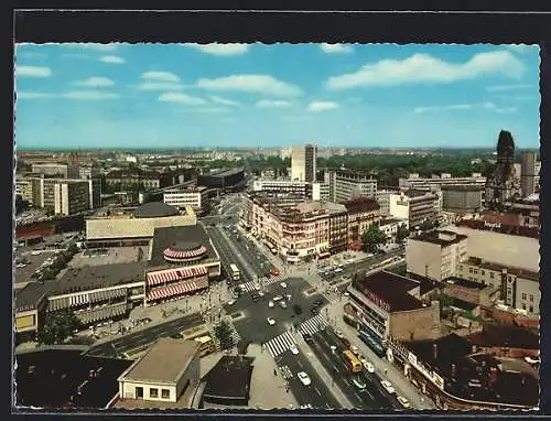 AK Berlin, Kurfürstendamm mit alter und neuer Kaiser-Wilhelm-Gedächtniskirche, Joachimstaler Strasse und Bahnhof Zoo