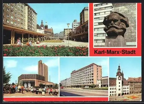 AK Karl-Marx-Stadt, Rosenhof, Karl-Marx-Monument, Stadthalle u. Interhotel Kongress, Karl-Marx-Allee, Rathaus