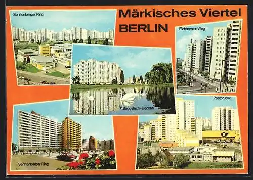 AK Berlin, Märkisches Viertel, Senftenberger Ring, Eichhorster Weg und Postbrücke