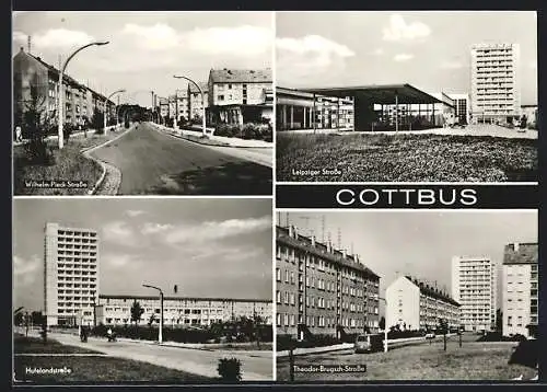 AK Cottbus, Hufelandstrasse, Theodor-Brugsch-Strasse, Leipziger Strasse mit Hochhäusern