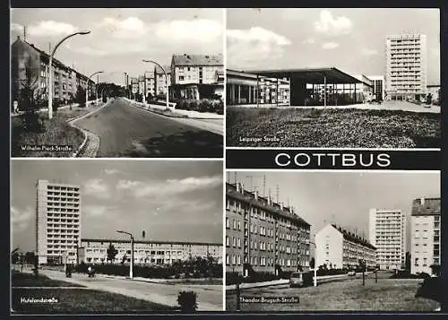 AK Cottbus, Hufelandstrasse, Theodor-Brugsch-Strasse, Leipziger Strasse mit Hochhäusern