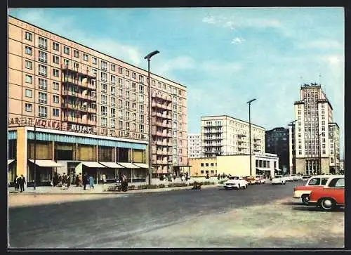 AK Berlin, Hochhäuser und Milchbar in der Karl-Marx-Allee