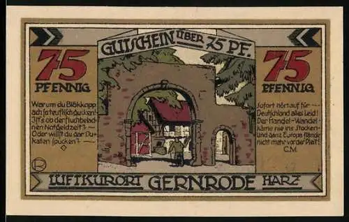 Notgeld Gernrode /Harz 1921, 75 Pfennig, Taufstein in der St. CyriaciKirche, Mann am Tor