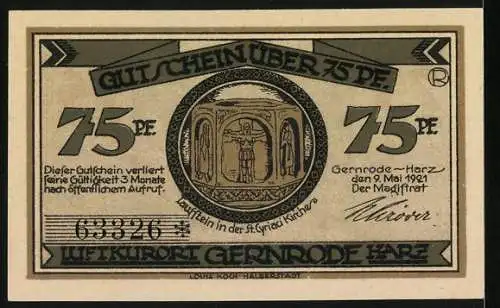 Notgeld Gernrode /Harz 1921, 75 Pfennig, Taufstein in der St. CyriaciKirche, Mann am Tor