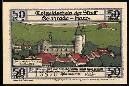Notgeld Gernrode /Harz 1921, 50 Pfennig, Die Stiftskirche St. Cyriaci vom Bückeberg
