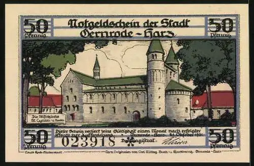 Notgeld Gernrode /Harz 1921, 50 Pfennig, Kirchen-Kapitael in der Stiftskirche St. Cyriaci, Westliche Krypta, Taufstein