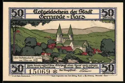 Notgeld Gernrode /Harz 1921, 50 Pfennig, Die Stiftskirche St. Cyriaci von Osten um 1840