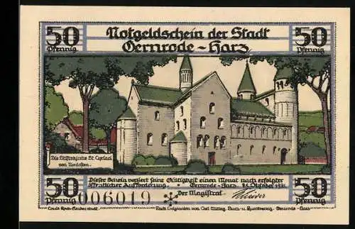Notgeld Gernrode /Harz 1921, 50 Pfennig, Die Stiftskirche St. Cyriaci von Nordosten