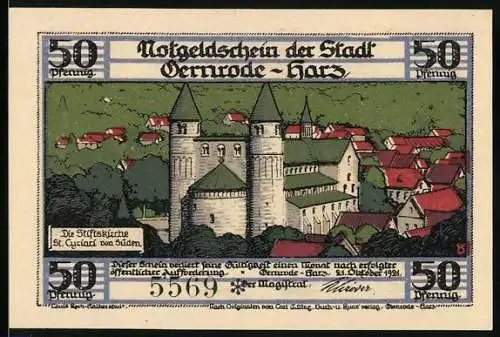 Notgeld Gernrode /Harz 1921, 50 Pfennig, Die Stiftskirche St. Cyriaci von Süden