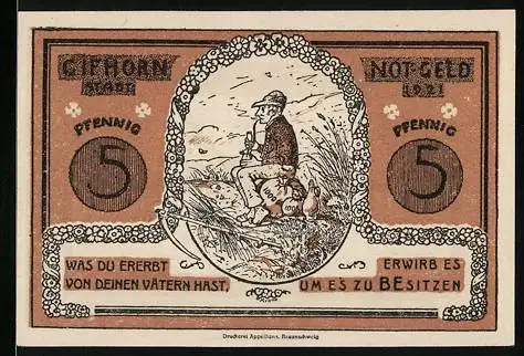 Notgeld Gifhorn 1921, 5 Pfennig, Mann mit Tabakspfeife sitzt auf Geldsack