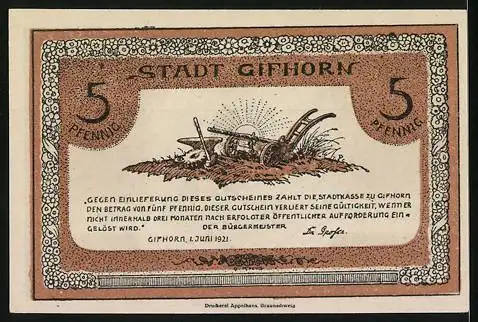 Notgeld Gifhorn 1921, 5 Pfennig, Mann mit Tabakspfeife sitzt auf Geldsack