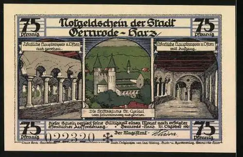 Notgeld Gernrode /Harz 1921, 75 Pfennig, Mutter Maria in Trauer unterm Kreuze, Der uralte Taufstein byzantinisch