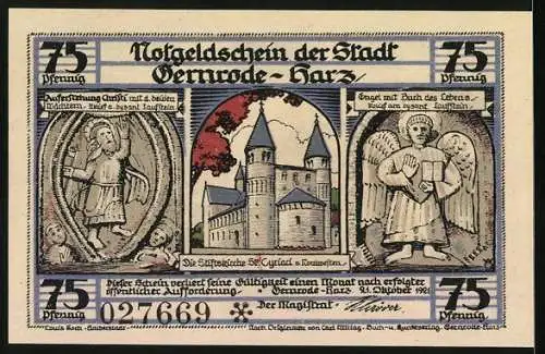 Notgeld Gernrode /Harz 1921, 75 Pfennig, Äusseres der Stiftskirche St. Cyriaci, Altarraum und südlicher Kreuzarm