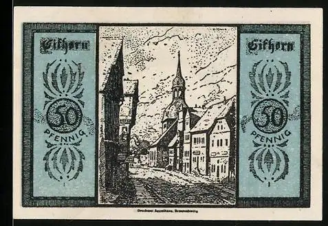 Notgeld Gifhorn 1921, 50 Pfennig, Strassenpartie mit Kirche
