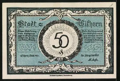 Notgeld Gifhorn 1921, 50 Pfennig, Strassenpartie mit Kirche