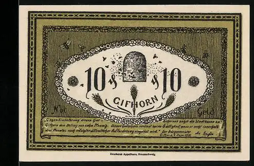 Notgeld Gifhorn 1921, 10 Pfennig, Bienenstock, Lüneburger Heide