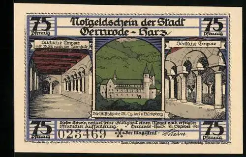 Notgeld Gernrode /Harz 1921, 75 Pfennig, Die Stiftskirche St. Cyriaci vom Bückeburg, Südliche Empore
