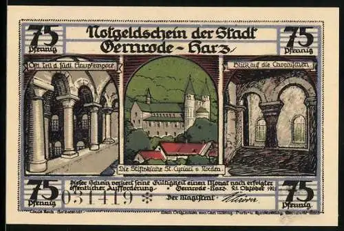 Notgeld Gernrode /Harz 1921, 75 Pfennig, Die Stiftskirche St. Cyriaci von Norden, Östl. Teil der südlichen Hauptempore
