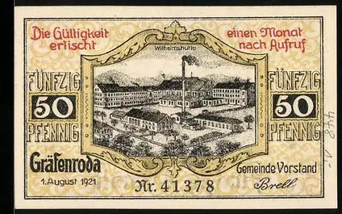 Notgeld Gräfenroda 1921, 50 Pfennig, Wilhelmshütte