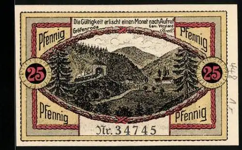 Notgeld Gräfenroda, 25 Pfennig, Ortspartie mit Eisenbahn