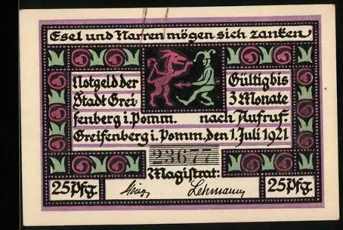 Notgeld Greifenberg i. Pomm. 1921, 25 Pfennig, Esel und Narren mögen sich zanken