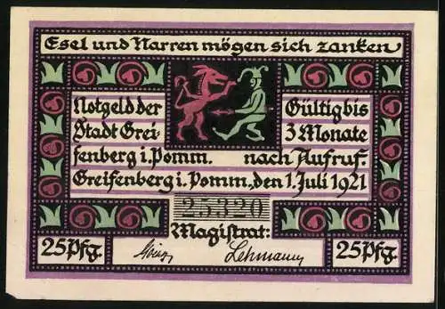 Notgeld Greifenberg i. Pomm. 1921, 25 Pfennig, Weise wissen, dass Friede ernährt, Wappen
