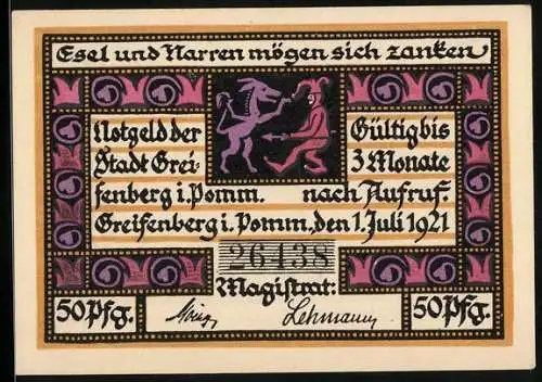 Notgeld Greifenberg i. Pomm. 1921, 50 Pfennig, Esel und Narren mögen sich zanken