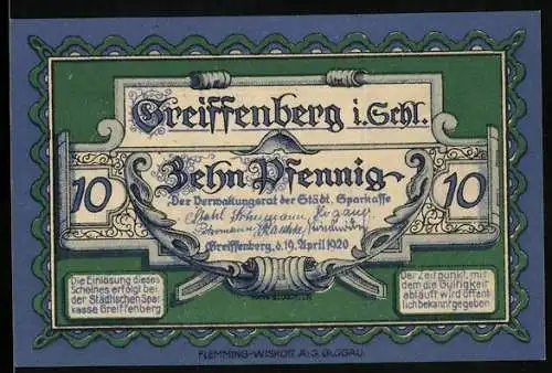 Notgeld Greiffenberg i. Schl. 1920, 10 Pfennig, Gotsche Schof schlägt den Greif, Burg Greiffenstein i. Schlesien