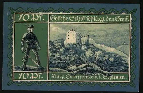 Notgeld Greiffenberg i. Schl. 1920, 10 Pfennig, Gotsche Schof schlägt den Greif, Burg Greiffenstein i. Schlesien