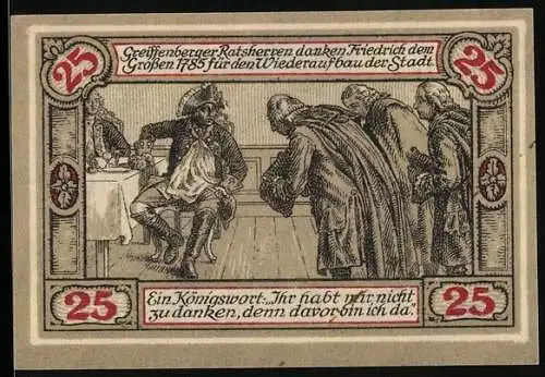 Notgeld Greiffenberg in Schlesien 1920, 25 Pfennig, Greiffenberger Ratsherren danken Friedrich dem Grossen 1785