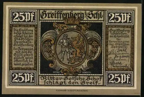 Notgeld Greiffenberg in Schlesien 1920, 25 Pfennig, Greiffenberger Ratsherren danken Friedrich dem Grossen 1785
