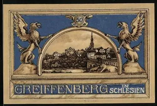 Notgeld Greiffenberg in Schlesien 1920, 50 Pfennig, Ortspartie mit Brücke