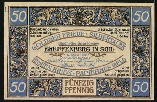 Notgeld Greiffenberg in Schlesien 1920, 50 Pfennig, Ortspartie mit Brücke