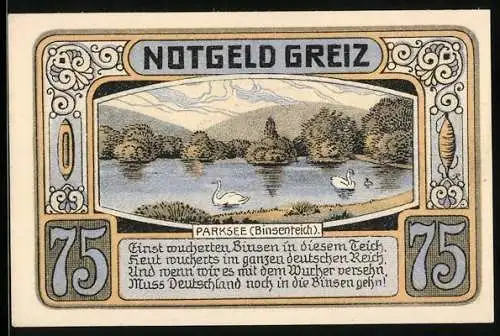 Notgeld Greiz 1921, 75 Pfennig, Parksee Binsenteich, Stadtwappen