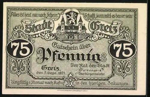 Notgeld Greiz 1921, 75 Pfennig, Parksee Binsenteich, Stadtwappen