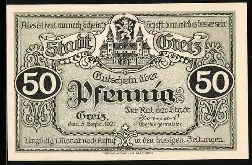 Notgeld Greiz 1921, 50 Pfennig, Oberes Schloss, Stadtwappen