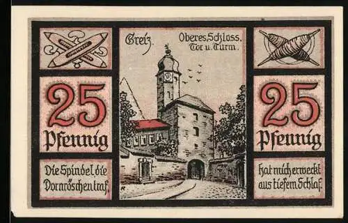 Notgeld Greiz 1921, 25 Pfennig, Oberes Schloss, Tor und Turm, Stadtwappen