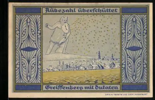 Notgeld Greiffenberg i. Schl., 5 Mark, Rübezahl überschüttet die Stadt mit Dukaten, Wappen