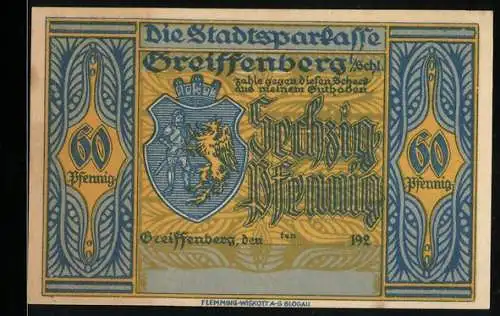 Notgeld Greiffenberg i. Schl., 60 Pfennig, Rübezahl und der Glashändler, Wappen