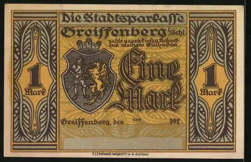 Notgeld Greiffenberg i. Schl., 1 Mark, Rübezahl straft die unehrlichen Schneider, Wappen