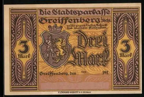 Notgeld Greiffenberg i. Schl., Drei Mark, Rübezahl und der geizige Bäcker, Wappen