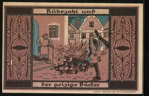 Notgeld Greiffenberg i. Schl., Drei Mark, Rübezahl und der geizige Bäcker, Wappen