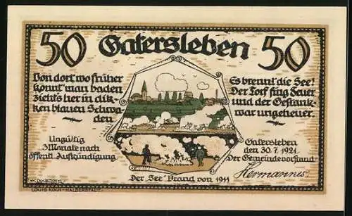 Notgeld Gatersleben 1921, 50 Pfennig, Der See-Brand von 1911