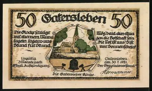 Notgeld Gatersleben 1921, 50 Pfennig, Die Gatersleber Kirche und Max & Moritz beim Stehlen